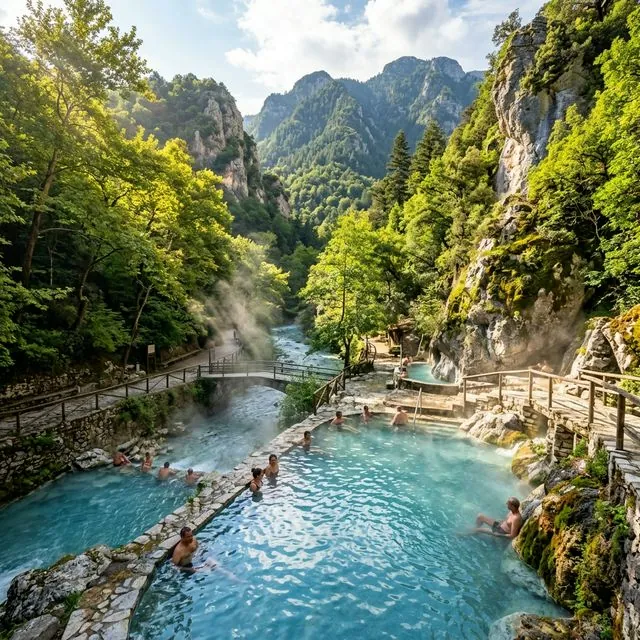 Combined view of Edessa waterfalls and Pozar thermal springs
