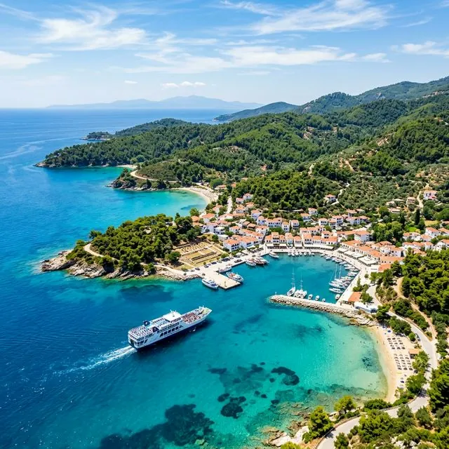 Makelloser Gerakini Strand mit goldenem Sand, kristallklarem türkisfarbenem Wasser und üppigem Kiefernwald im Hintergrund