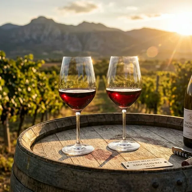 Vineyards in Veria wine region with rows of grapevines and mountains